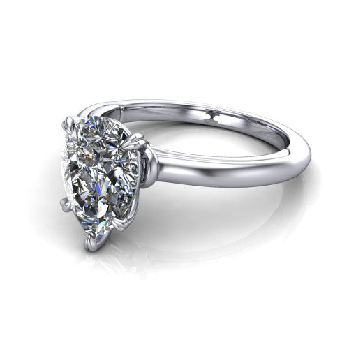 Leilani pear solitaire engagement ring in Platinum with double-prong head on a plain band, three-quarter perspective view