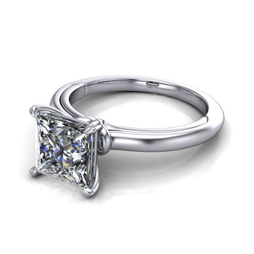 Leilani princess solitaire engagement ring in 14K White Gold with double-prong head on a plain band, three-quarter perspective view