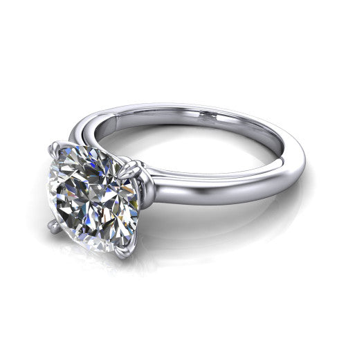 Leilani round solitaire engagement ring in 14K White Gold with double-prong head on a plain band, three-quarter perspective view