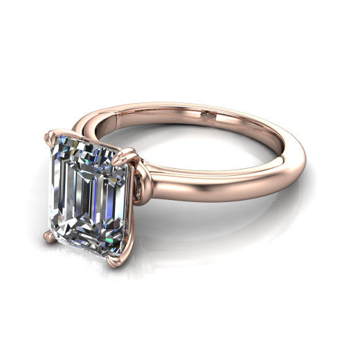 Leilani emerald solitaire engagement ring in 14K Rose Gold with double-prong head on a plain band, three-quarter perspective view