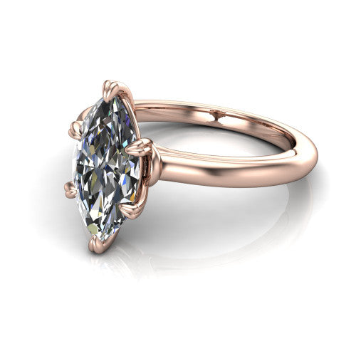 Leilani marquise solitaire engagement ring in 14K Rose Gold with double-prong head on a plain band, three-quarter perspective view