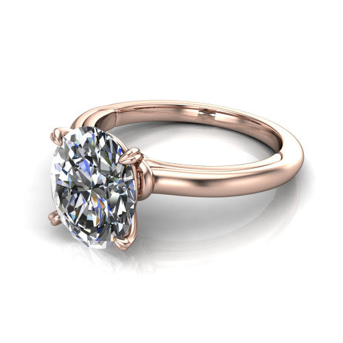 Leilani oval solitaire engagement ring in 18K Rose Gold with double-prong head on a plain band, three-quarter perspective view