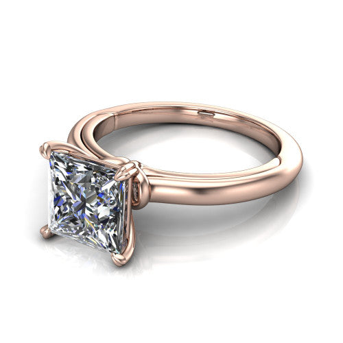 Leilani princess solitaire engagement ring in 14K Rose Gold with double-prong head on a plain band, three-quarter perspective view