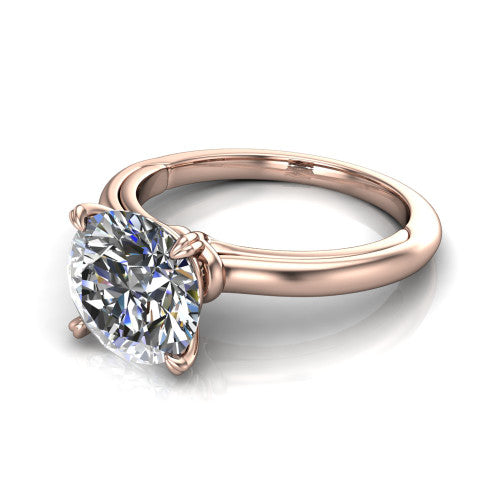 Leilani round solitaire engagement ring in 18K Rose Gold with double-prong head on a plain band, three-quarter perspective view