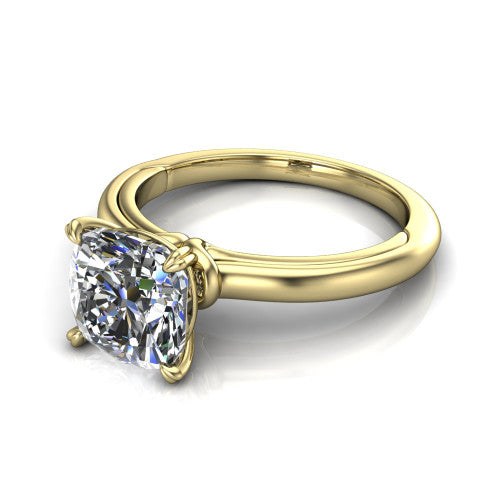 Leilani cushion solitaire engagement ring in 18K Yellow Gold with double-prong head on a plain band, three-quarter perspective view