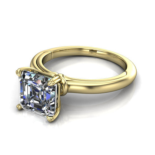 Leilani asscher solitaire engagement ring in 18K Yellow Gold with double-prong head on a plain band, three-quarter perspective view