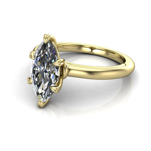 Leilani marquise solitaire engagement ring in 18K Yellow Gold with double-prong head on a plain band, three-quarter perspective view
