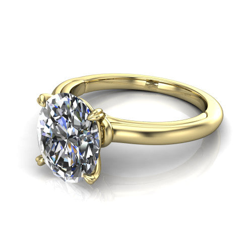 Leilani oval solitaire engagement ring in 14K Yellow Gold with double-prong head on a plain band, three-quarter perspective view