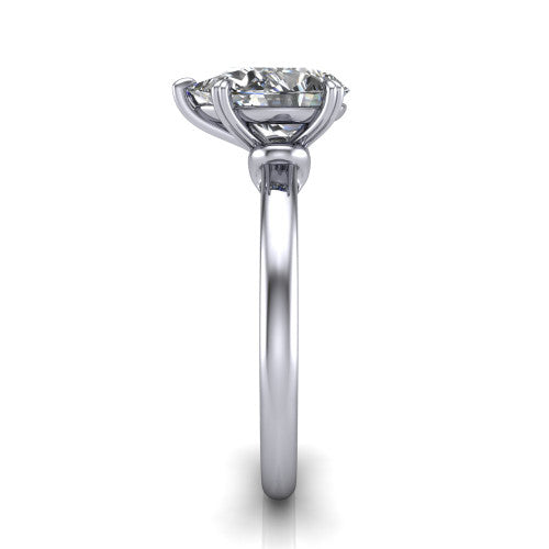 Leilani pear solitaire engagement ring in 18K White Gold with double-prong head on a plain band, side profile showing the plain band and sculpted knot gallery