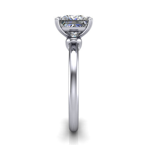 Leilani princess solitaire engagement ring in 18K White Gold with double-prong head on a plain band, side profile showing the plain band and sculpted knot gallery