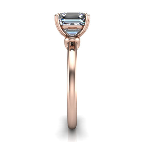 Leilani asscher solitaire engagement ring in 18K Rose Gold with double-prong head on a plain band, side profile showing the plain band and sculpted knot gallery