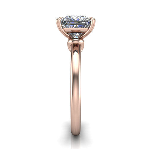 Leilani princess solitaire engagement ring in 18K Rose Gold with double-prong head on a plain band, side profile showing the plain band and sculpted knot gallery