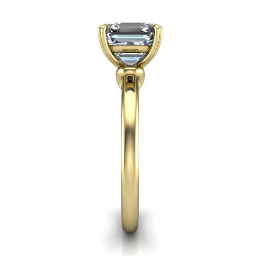 Leilani asscher solitaire engagement ring in 14K Yellow Gold with double-prong head on a plain band, side profile showing the plain band and sculpted knot gallery