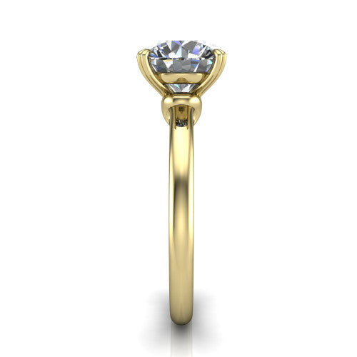 Leilani round solitaire engagement ring in 18K Yellow Gold with double-prong head on a plain band, side profile showing the plain band and sculpted knot gallery
