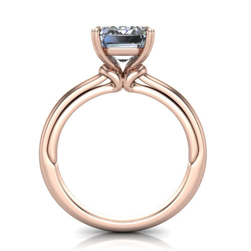 Leilani emerald solitaire engagement ring in 14K Rose Gold with double-prong head on a plain band, top-down view of the double-prong head on a plain band