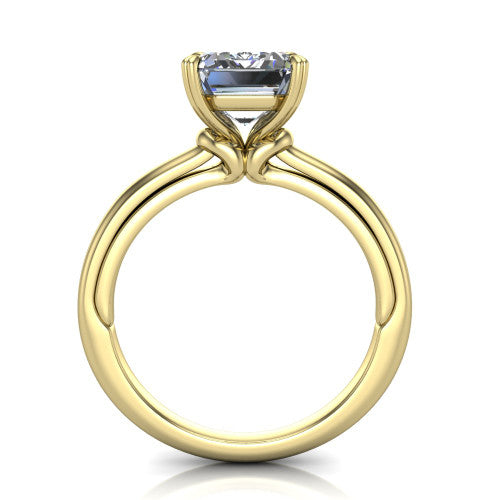 Leilani emerald solitaire engagement ring in 18K Yellow Gold with double-prong head on a plain band, through-finger front profile