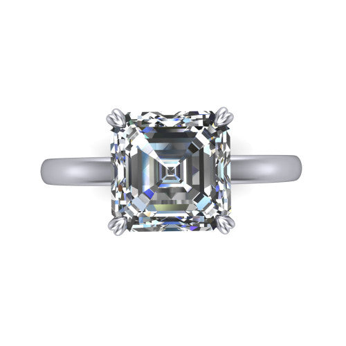 Leilani asscher solitaire engagement ring in Platinum with double-prong head on a plain band, top-down view of the double-prong head on a plain band