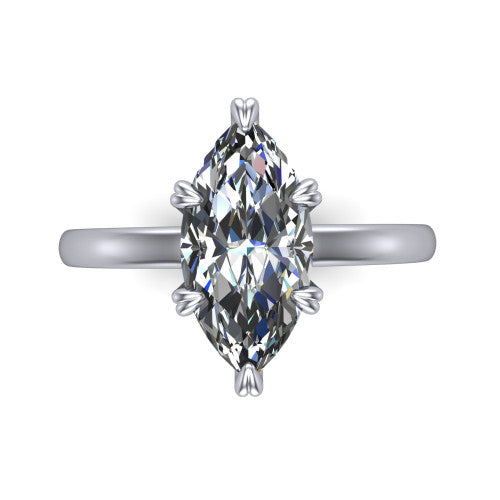 Leilani marquise solitaire engagement ring in 14K White Gold with double-prong head on a plain band, top-down view of the double-prong head on a plain band