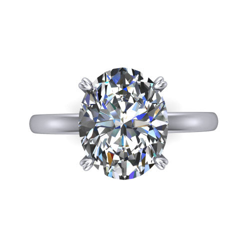 Leilani oval solitaire engagement ring in 18K White Gold with double-prong head on a plain band, top-down view of the double-prong head on a plain band