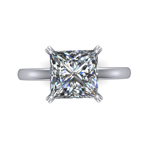 Leilani princess solitaire engagement ring in 14K White Gold with double-prong head on a plain band, top-down view of the double-prong head on a plain band