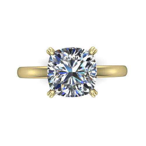 Leilani cushion solitaire engagement ring in 14K Yellow Gold with double-prong head on a plain band, top-down view of the double-prong head on a plain band