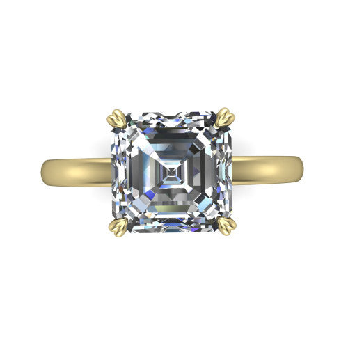 Leilani asscher solitaire engagement ring in 14K Yellow Gold with double-prong head on a plain band, top-down view of the double-prong head on a plain band
