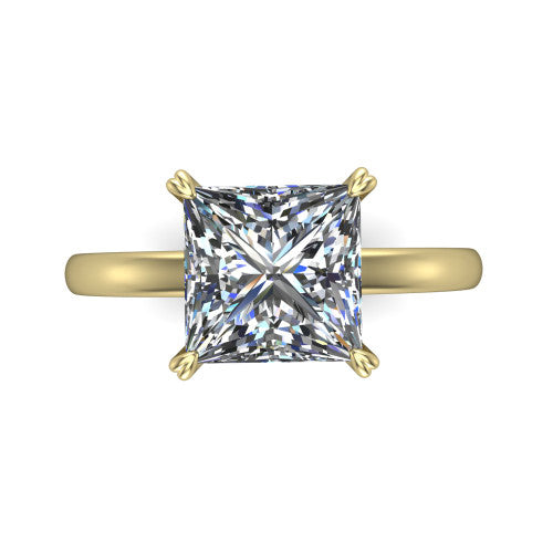 Leilani princess solitaire engagement ring in 14K Yellow Gold with double-prong head on a plain band, top-down view of the double-prong head on a plain band