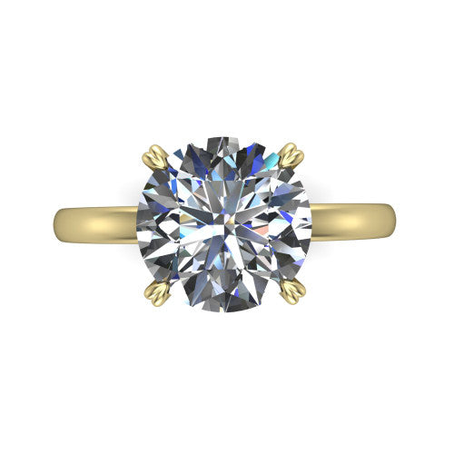 Leilani round solitaire engagement ring in 18K Yellow Gold with double-prong head on a plain band, top-down view of the double-prong head on a plain band