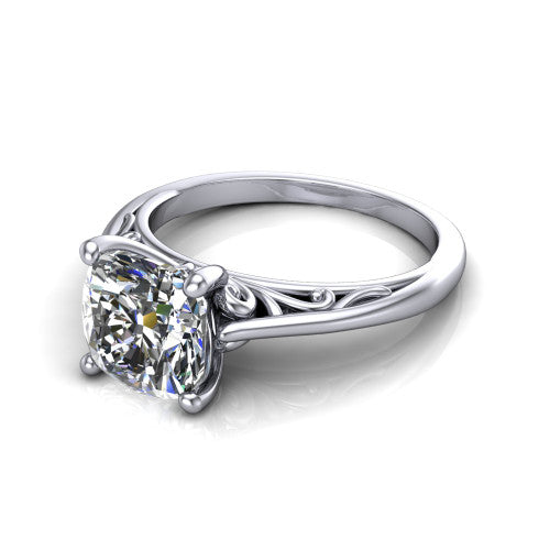 Genesis cushion vintage solitaire engagement ring in 18K White Gold with filigree scrollwork band, three-quarter perspective view