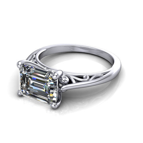 Genesis emerald vintage solitaire engagement ring in 14K White Gold with filigree scrollwork band, three-quarter perspective view