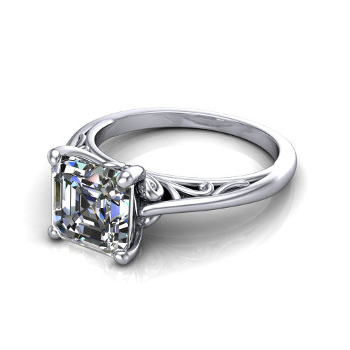 Genesis asscher vintage solitaire engagement ring in 18K White Gold with filigree scrollwork band, three-quarter perspective view