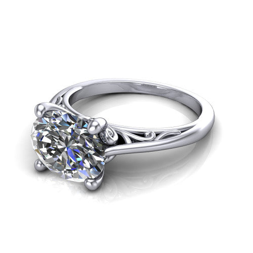 Genesis oval vintage solitaire engagement ring in 18K White Gold with filigree scrollwork band, three-quarter perspective view
