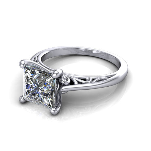 Genesis princess vintage solitaire engagement ring in 18K White Gold with filigree scrollwork band, three-quarter perspective view