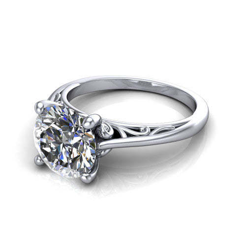 Genesis round vintage solitaire engagement ring in 14K White Gold with filigree scrollwork band, three-quarter perspective view