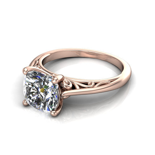 Genesis cushion vintage solitaire engagement ring in 18K Rose Gold with filigree scrollwork band, three-quarter perspective view
