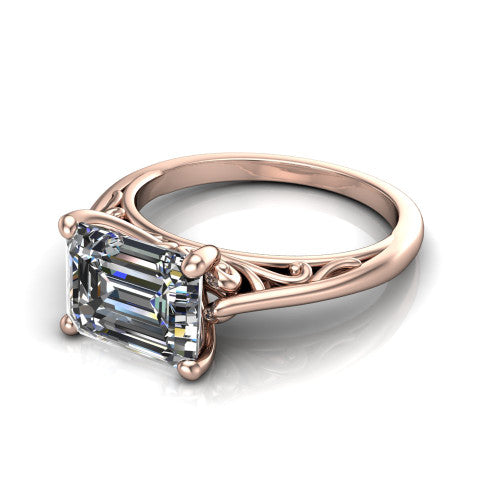 Genesis emerald vintage solitaire engagement ring in 18K Rose Gold with filigree scrollwork band, three-quarter perspective view