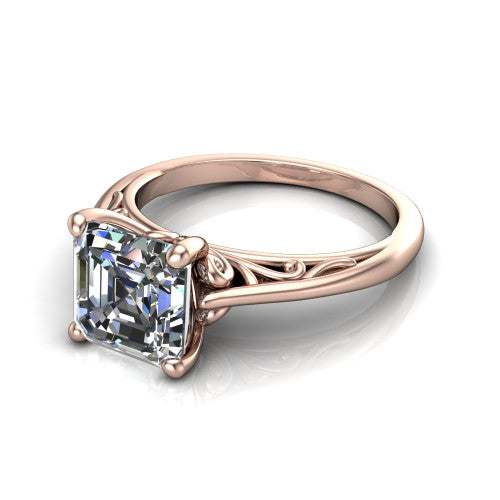 Genesis asscher vintage solitaire engagement ring in 18K Rose Gold with filigree scrollwork band, three-quarter perspective view