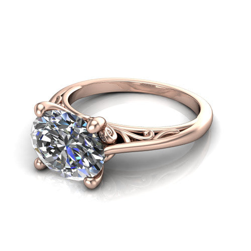 Genesis oval vintage solitaire engagement ring in 14K Rose Gold with filigree scrollwork band, three-quarter perspective view