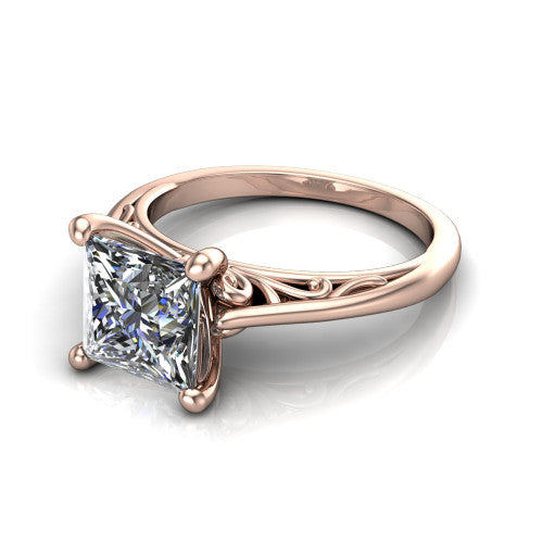 Genesis princess vintage solitaire engagement ring in 18K Rose Gold with filigree scrollwork band, three-quarter perspective view