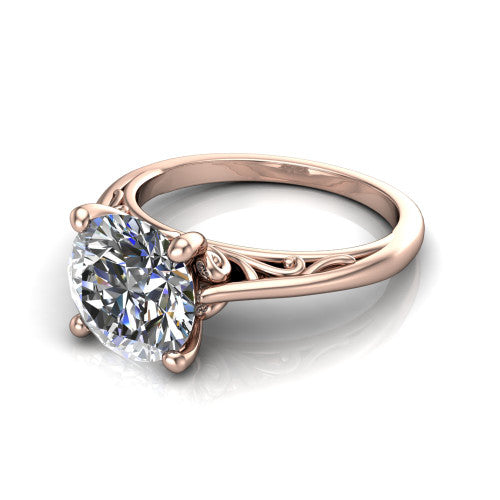 Genesis round vintage solitaire engagement ring in 14K Rose Gold with filigree scrollwork band, three-quarter perspective view