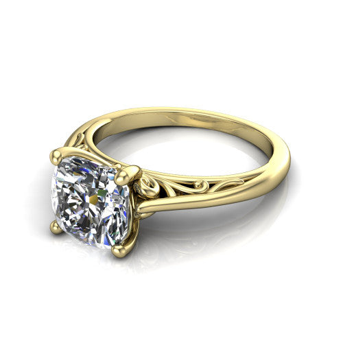 Genesis cushion vintage solitaire engagement ring in 14K Yellow Gold with filigree scrollwork band, three-quarter perspective view