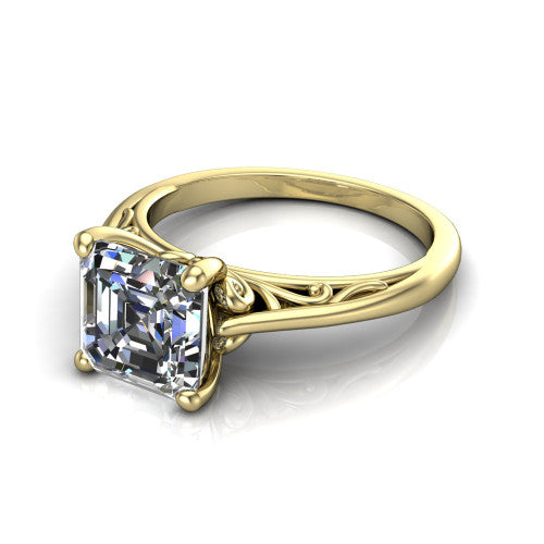 Genesis asscher vintage solitaire engagement ring in 18K Yellow Gold with filigree scrollwork band, three-quarter perspective view