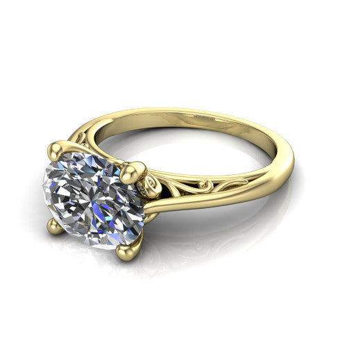 Genesis oval vintage solitaire engagement ring in 18K Yellow Gold with filigree scrollwork band, three-quarter perspective view