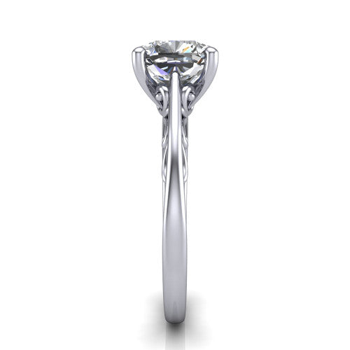 Genesis cushion vintage solitaire engagement ring in 14K White Gold with filigree scrollwork band, side profile showing the scrolled filigree under-gallery