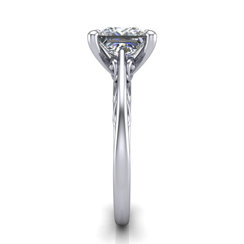Genesis princess vintage solitaire engagement ring in 18K White Gold with filigree scrollwork band, side profile showing the scrolled filigree under-gallery