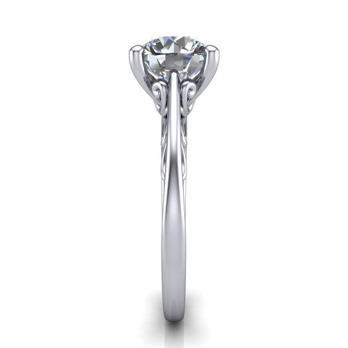 Genesis round vintage solitaire engagement ring in 18K White Gold with filigree scrollwork band, side profile showing the scrolled filigree under-gallery
