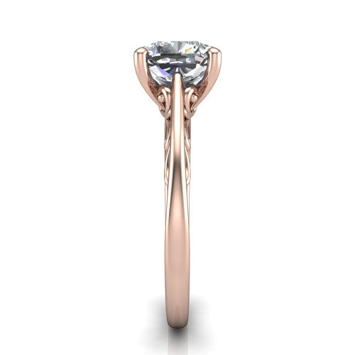 Genesis cushion vintage solitaire engagement ring in 14K Rose Gold with filigree scrollwork band, side profile showing the scrolled filigree under-gallery