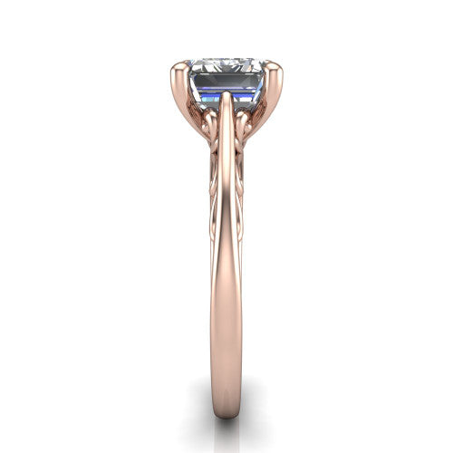 Genesis emerald vintage solitaire engagement ring in 14K Rose Gold with filigree scrollwork band, side profile showing the scrolled filigree under-gallery
