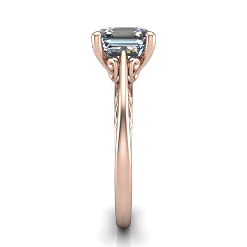 Genesis asscher vintage solitaire engagement ring in 18K Rose Gold with filigree scrollwork band, side profile showing the scrolled filigree under-gallery