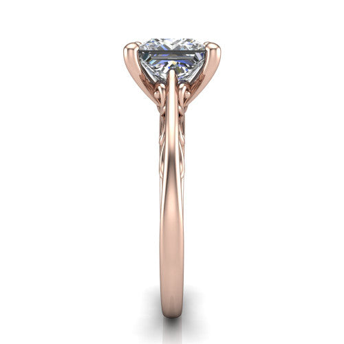 Genesis princess vintage solitaire engagement ring in 18K Rose Gold with filigree scrollwork band, side profile showing the scrolled filigree under-gallery